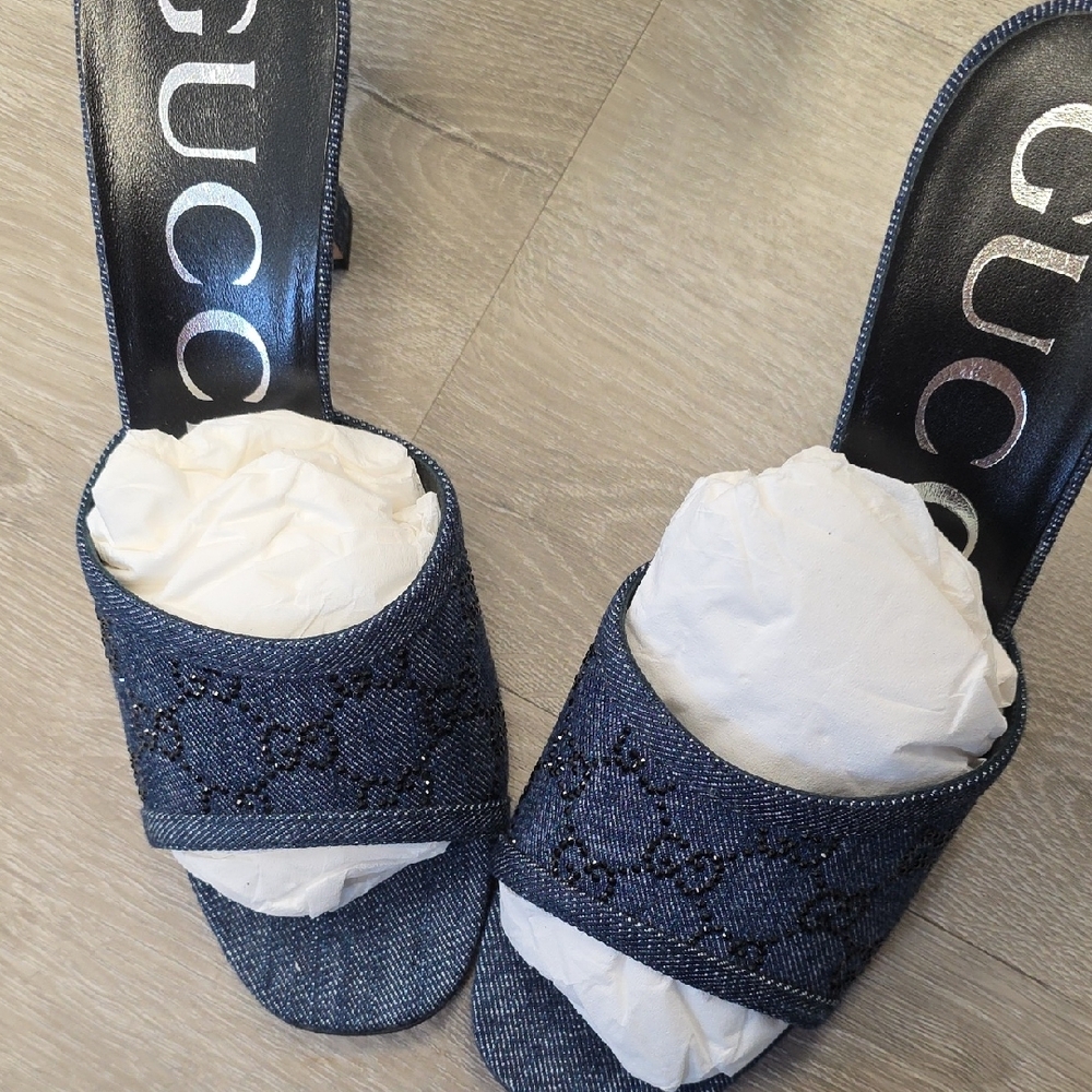Gucci Women's Denim Blue Heels Black Sparkle - Picture 3 of 6